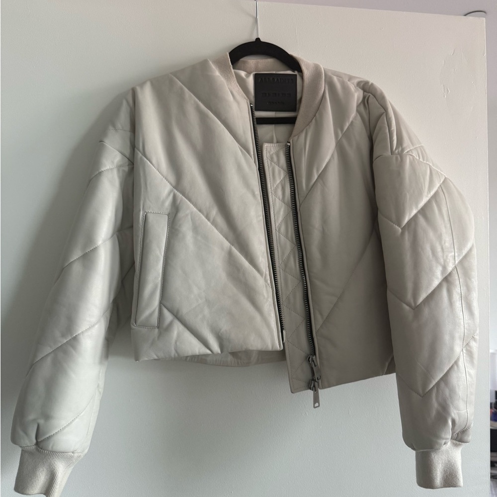 All Saints cream leather bomber jacket